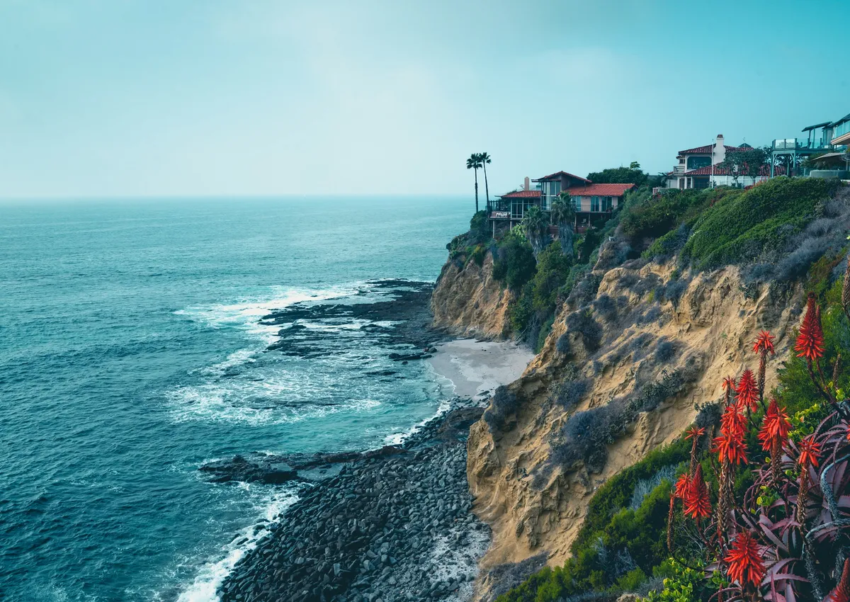 Cliff-top homes above turquoise ocean water, with palms and red aloe blooms