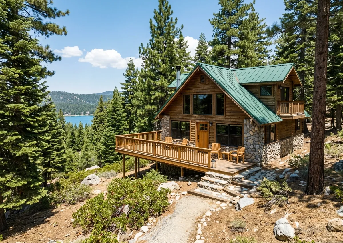 Illustration of a sunlit wood and stone cabin with a deck among tall pines above a mountain lake