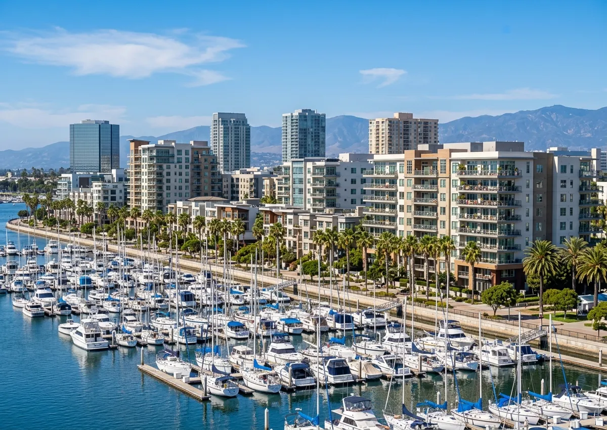 Illustration of waterfront condominiums and palms behind a sailboat marina on a sunny bay